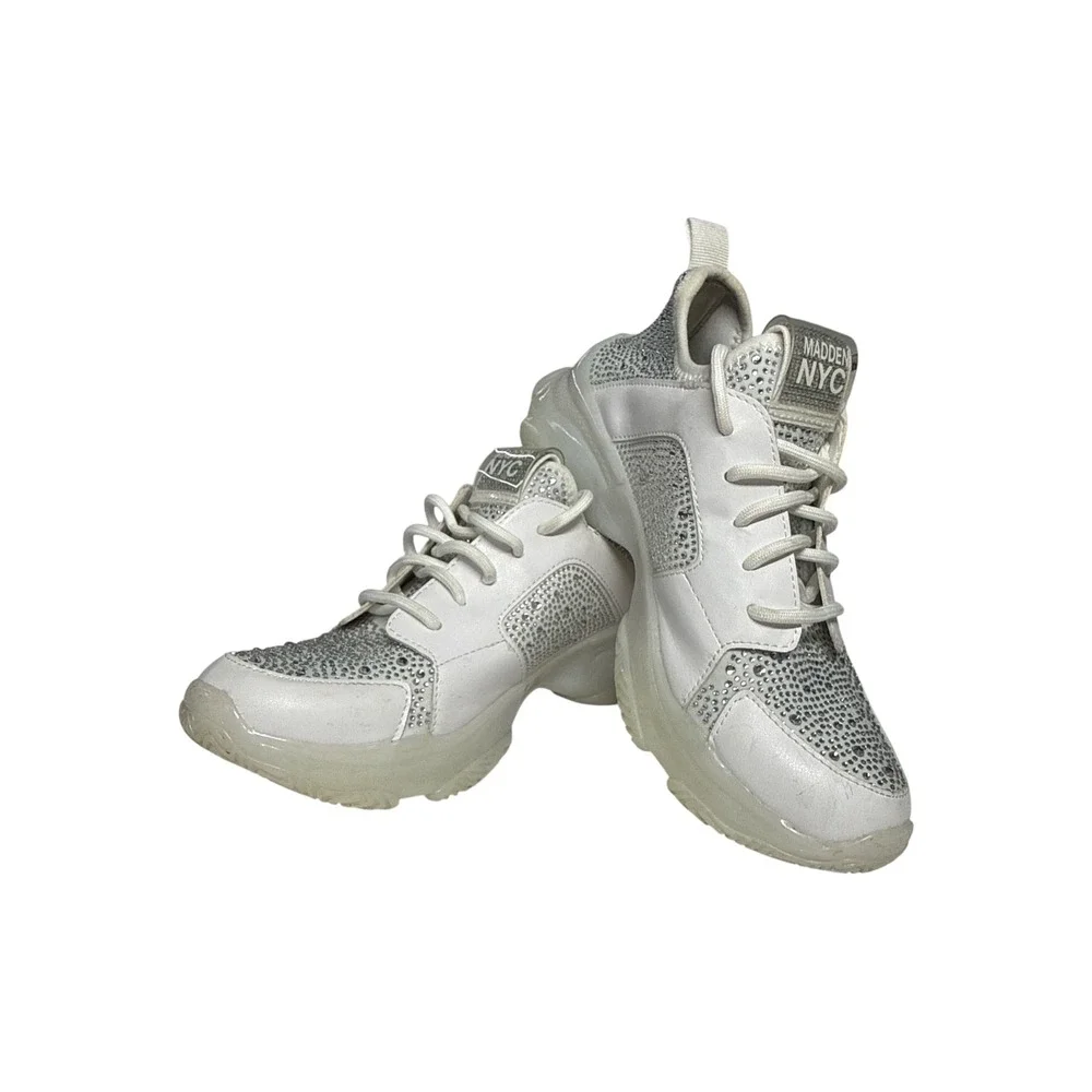 Madden NYC Rhinestone Platform Sneakers White Silver Bling Women's Size 8.5